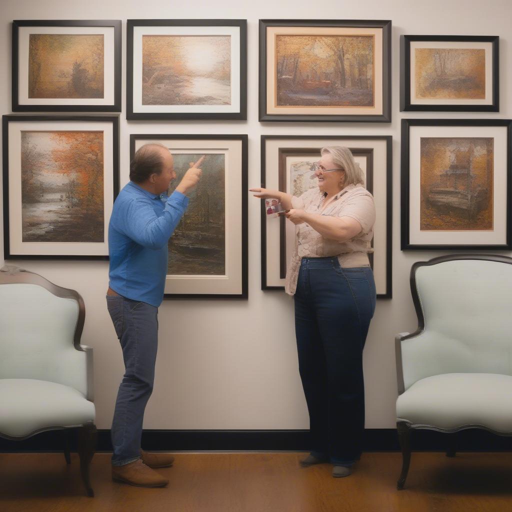 A customer consulting with a framing specialist in a custom framing shop, discussing options for a 24x36 canvas print.