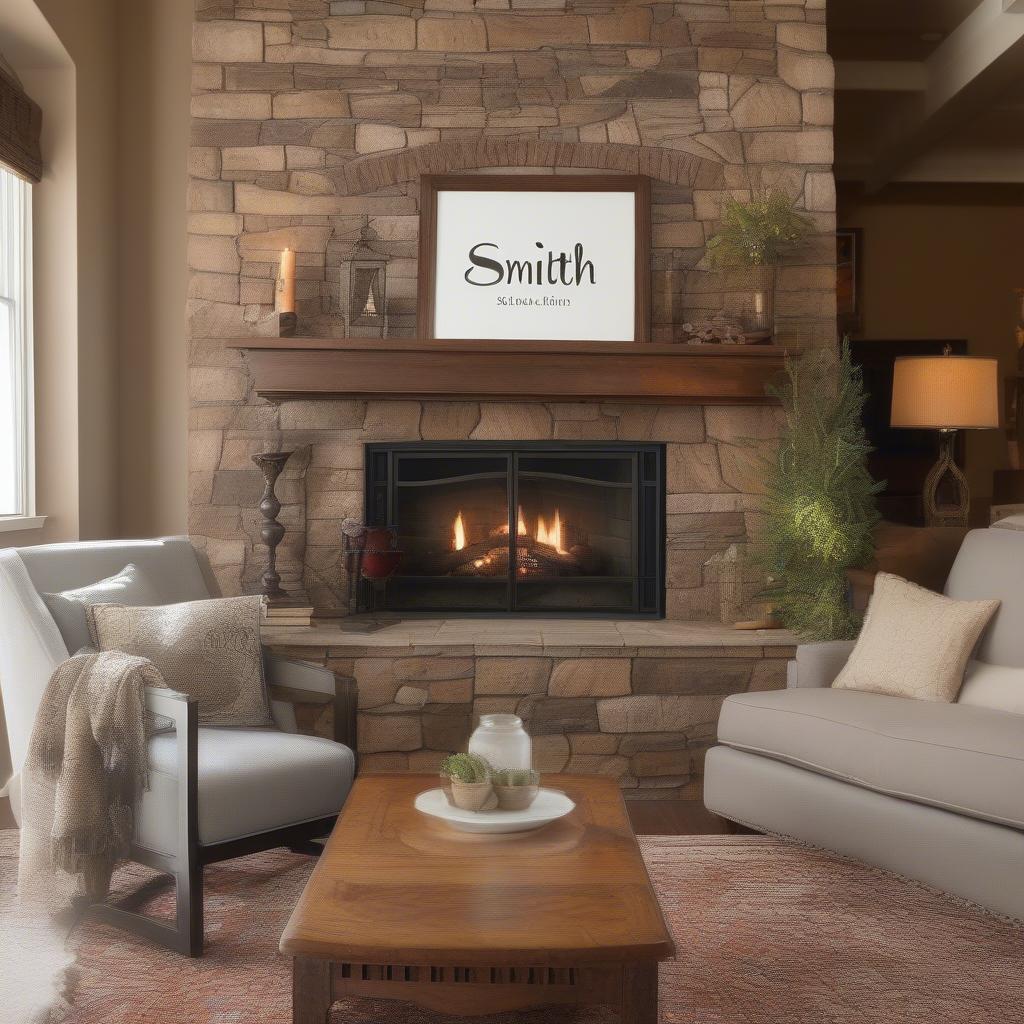 Custom last name wood sign hanging above a fireplace in a cozy living room