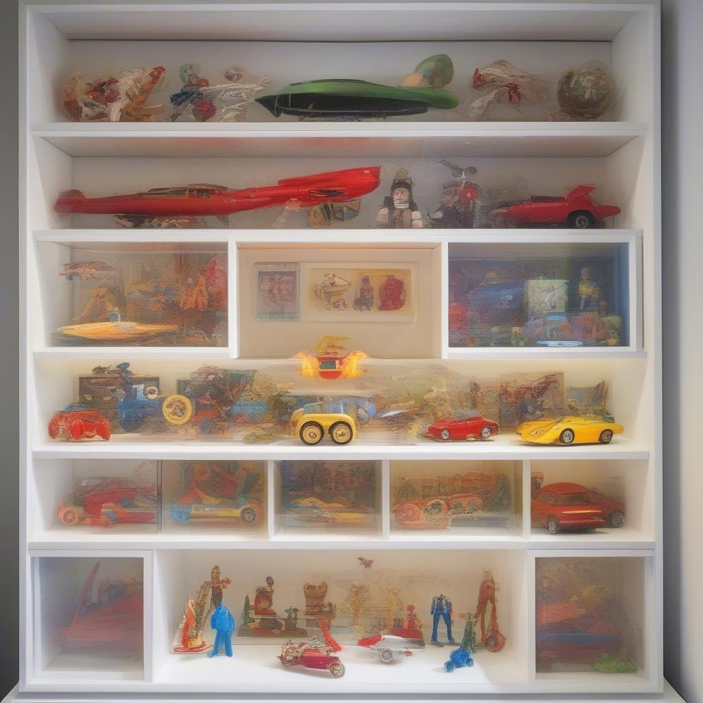 Custom Plexiglass Box Frame Displaying a Collection of Vintage Toys