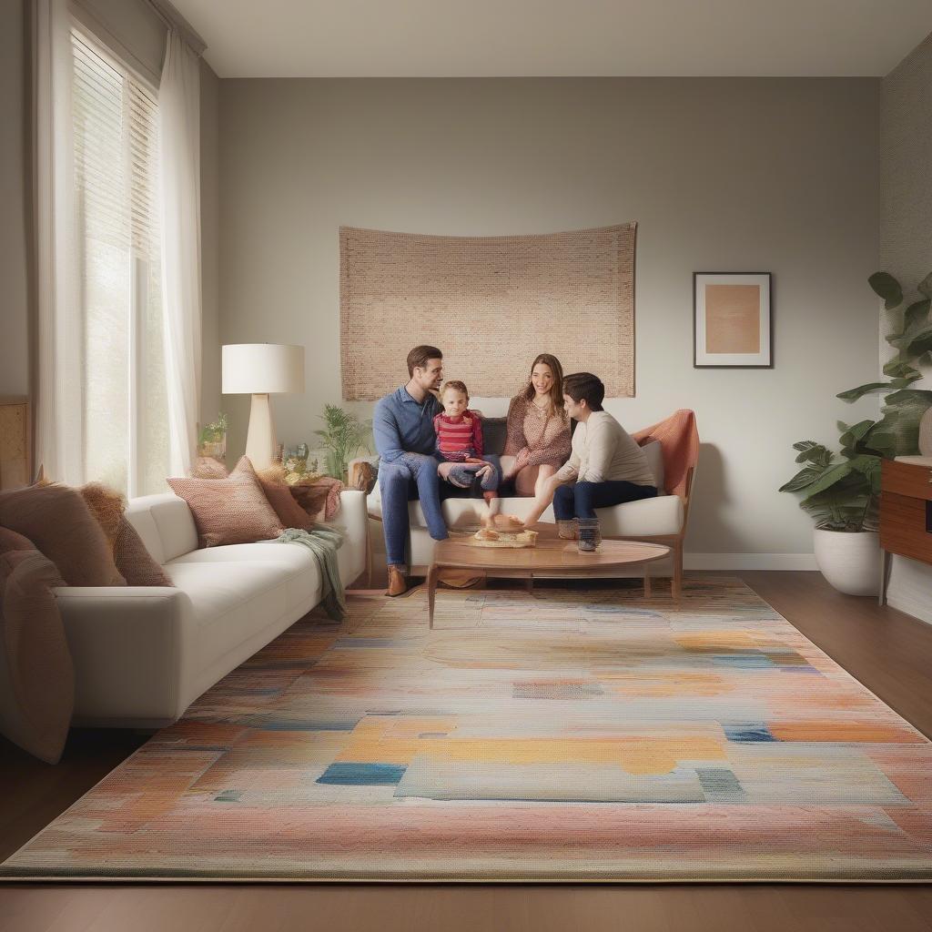 Custom rug with a family portrait in a living room setting