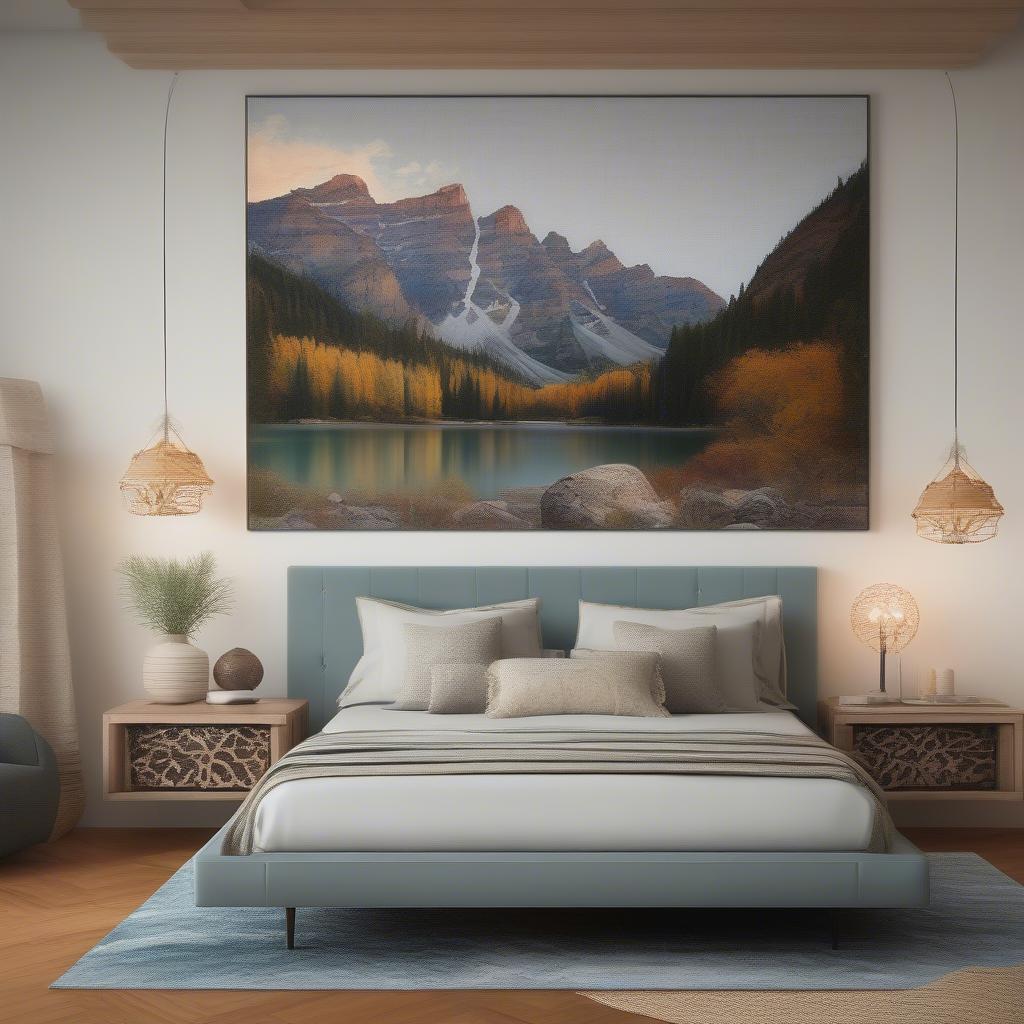 Custom rug with a landscape scene in a bedroom