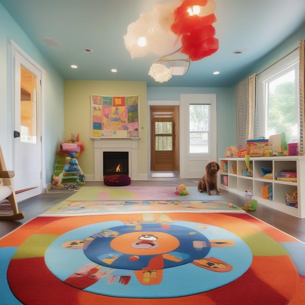 Custom rug with a pet portrait in a playroom