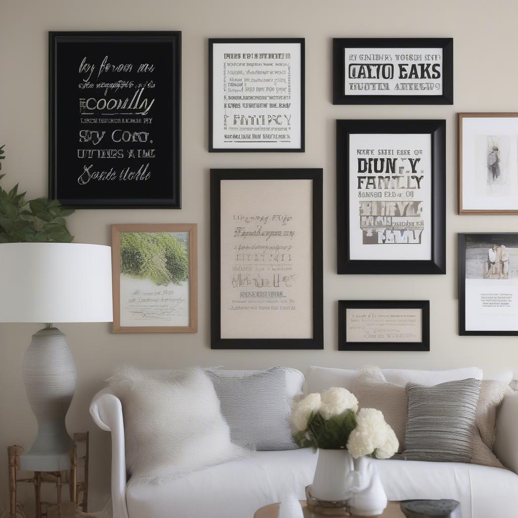 Custom sayings framed in a living room setting, showcasing different frame styles and quote examples.