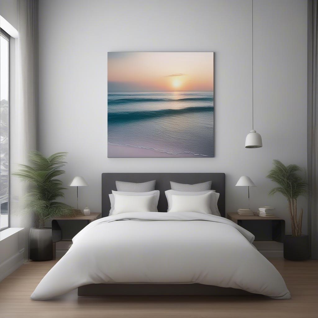 Custom Sized Canvas Print Hanging Above a Bed in a Bedroom