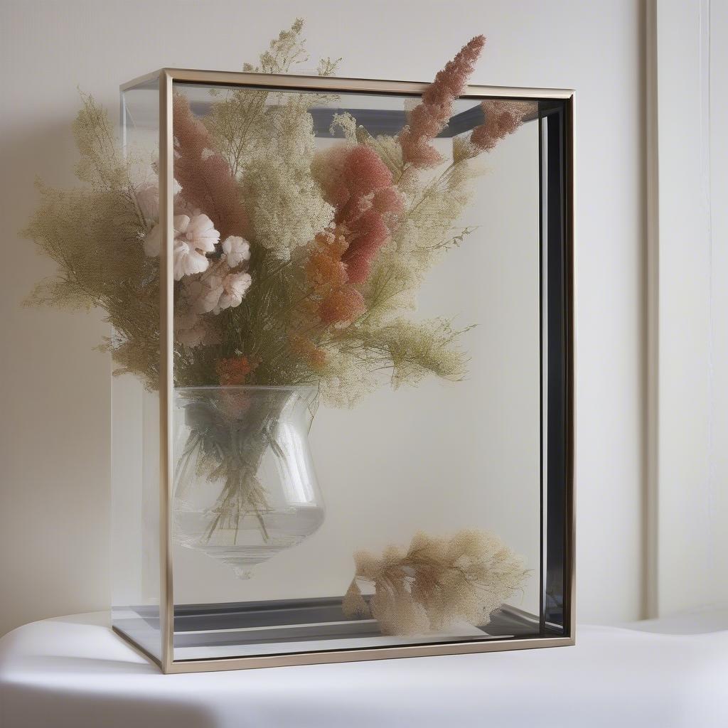 A custom-sized plexiglass box frame showcasing a delicate floral arrangement.