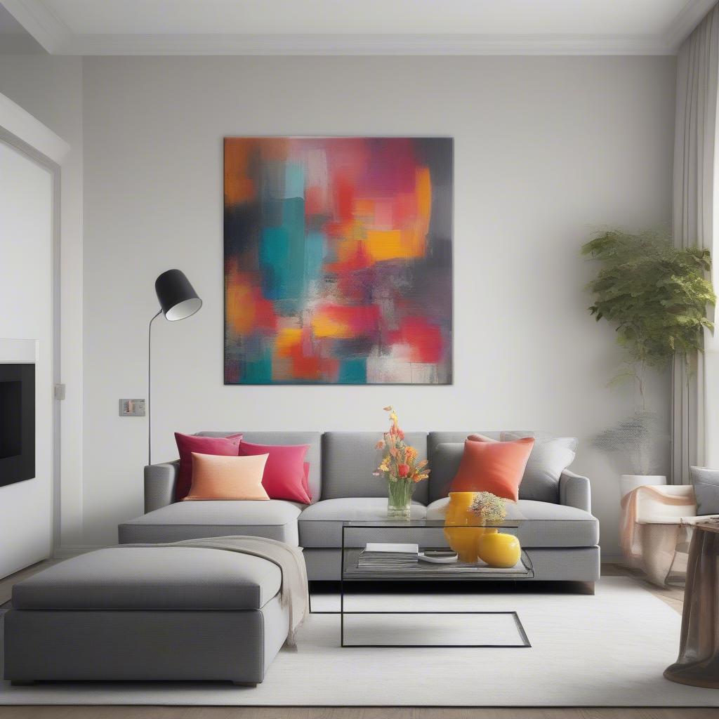 Custom wall canvas hanging above a sofa in a modern living room