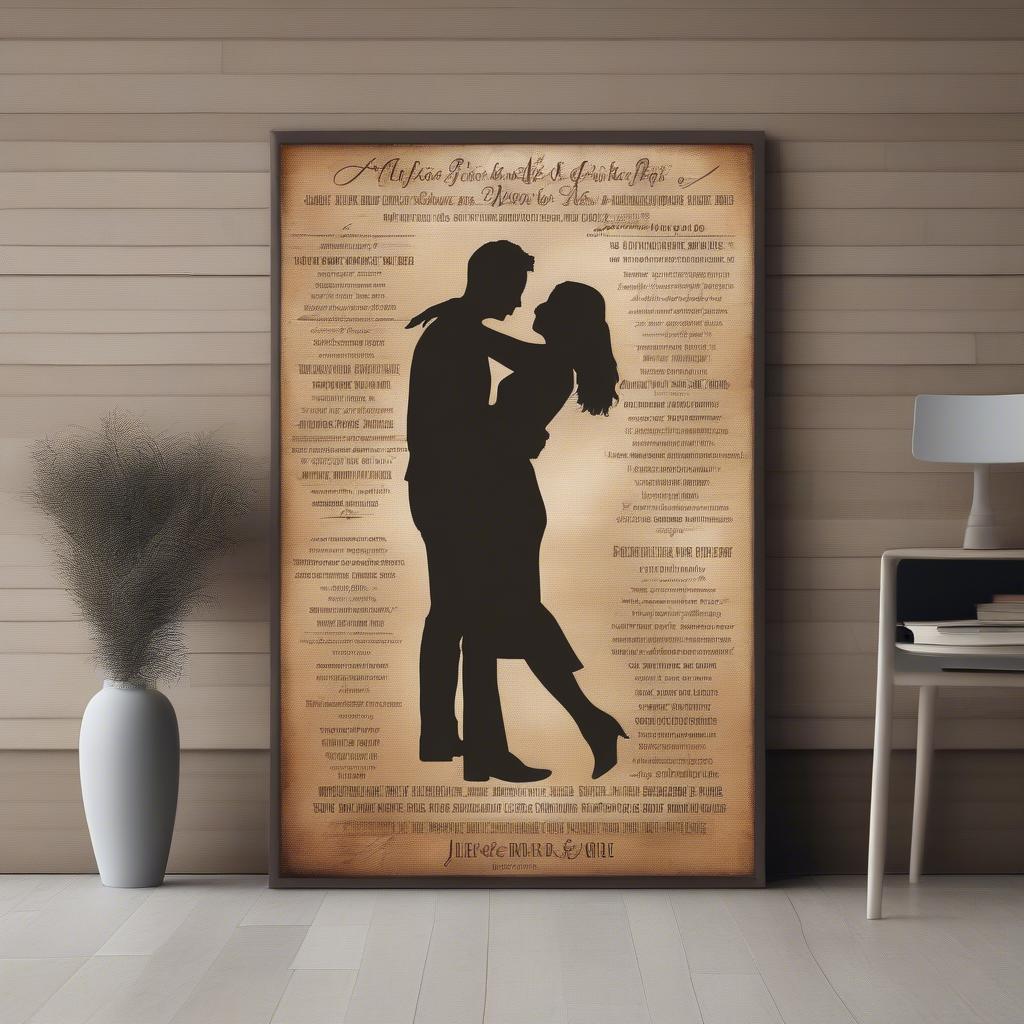 Personalized wedding song canvas print incorporating a photo of the couple and their first dance lyrics.