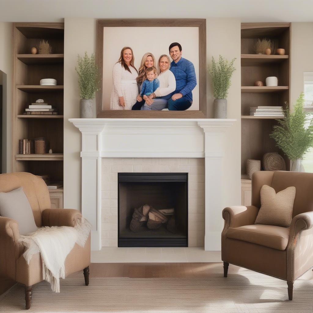 Custom wood print hanging above a fireplace in a cozy living room