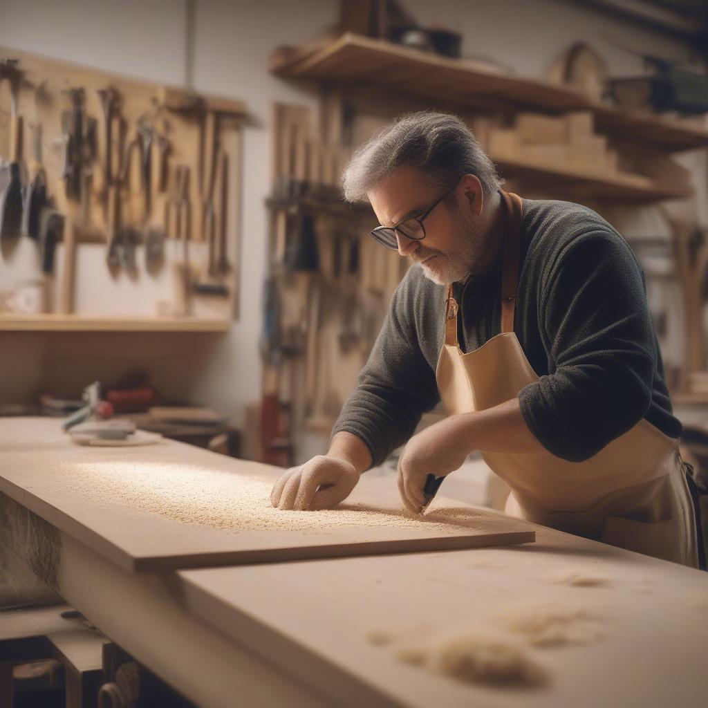 Artisan crafting a custom wood sign in a workshop