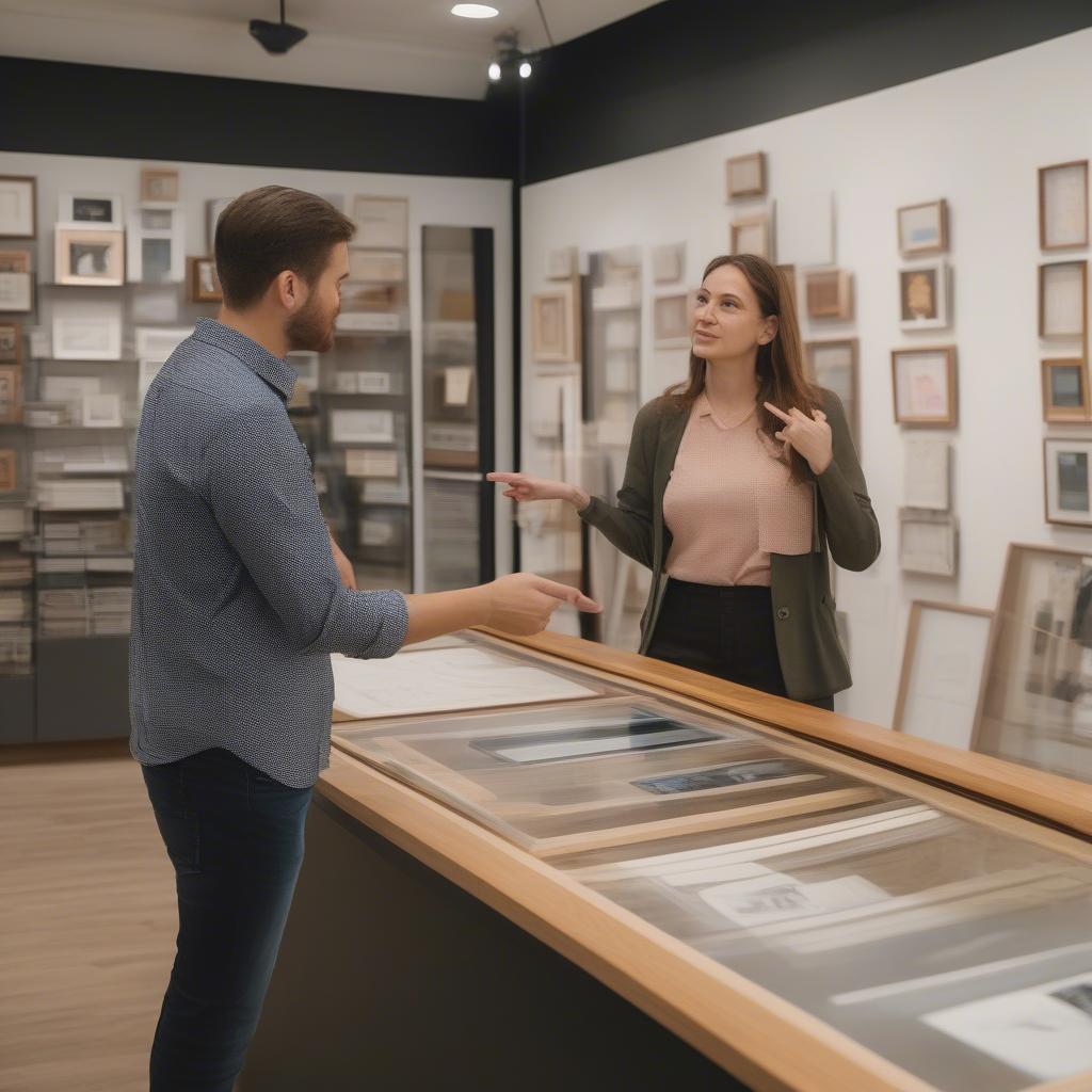 Customer pointing at a frame sample while talking to a framer