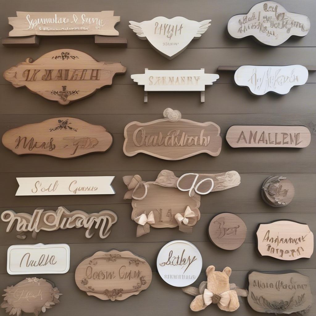 Customizable wood name sign options with different colors, fonts and embellishments