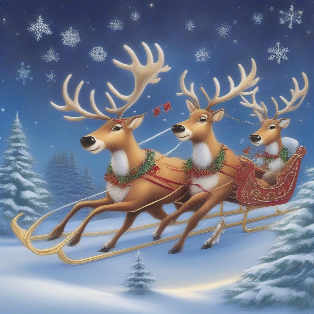 Santa's reindeer Dasher, Dancer, Prancer, and Vixen soaring through the night sky.