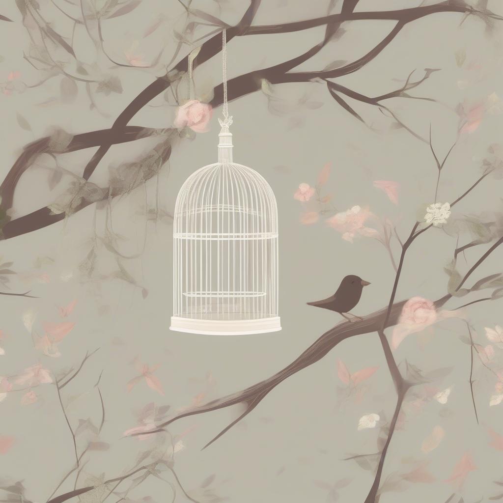 Decorated bird cage adorned with natural branches, leaves, and a small swing.