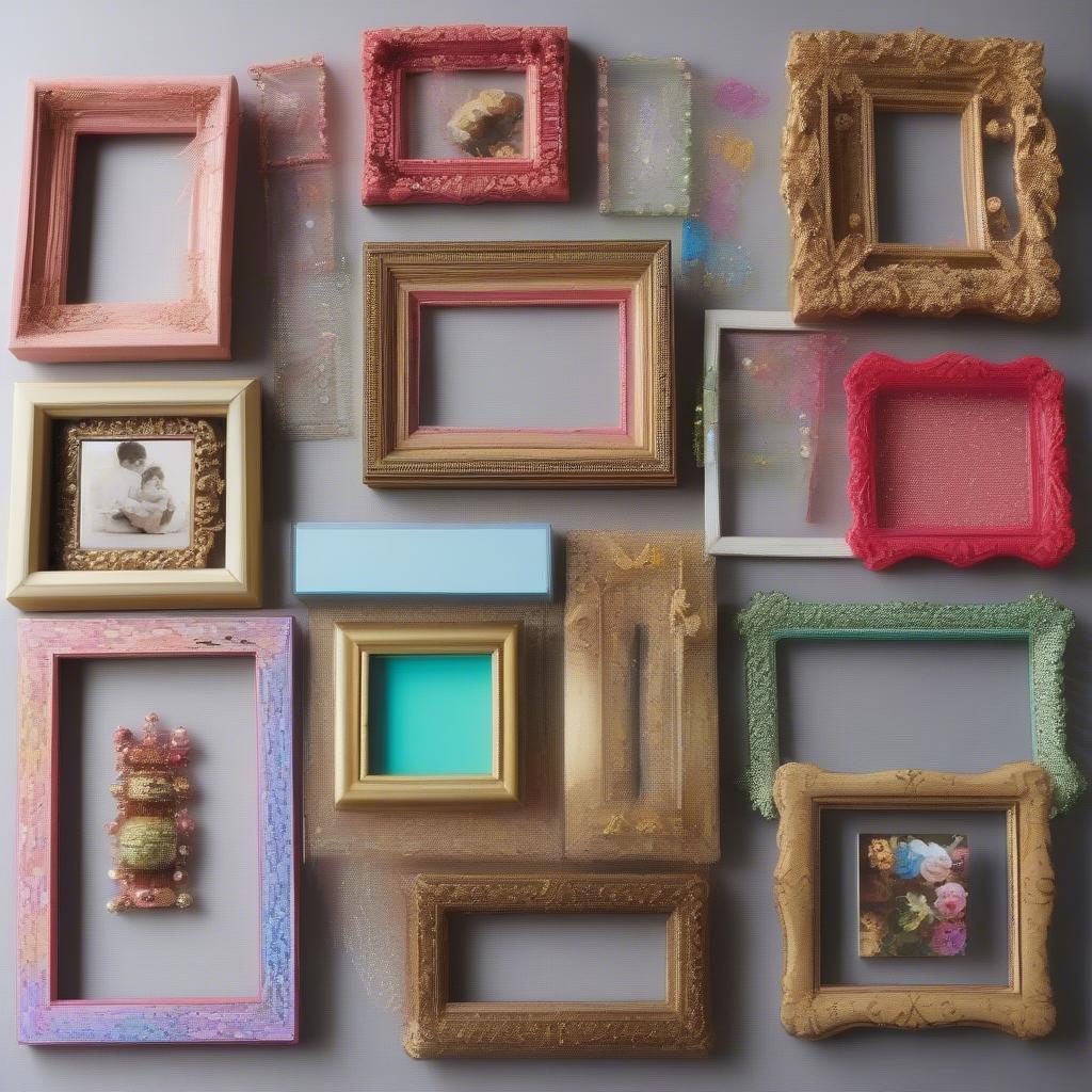 Several small wood frames decorated with paint, glitter, and other embellishments.