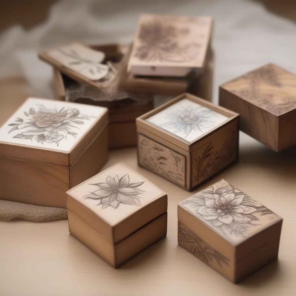 Different techniques for decorating tiny wooden boxes, including painting, decoupage, and wood burning.