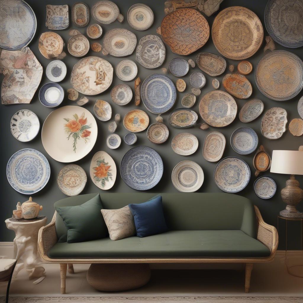 Decorative ceramic plates displayed on a living room wall, showcasing various patterns and sizes, adding a touch of artistry to the interior.