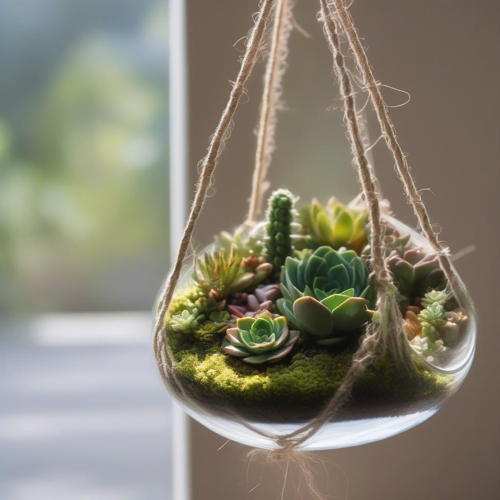 Decorative hanging glass terrarium with succulents