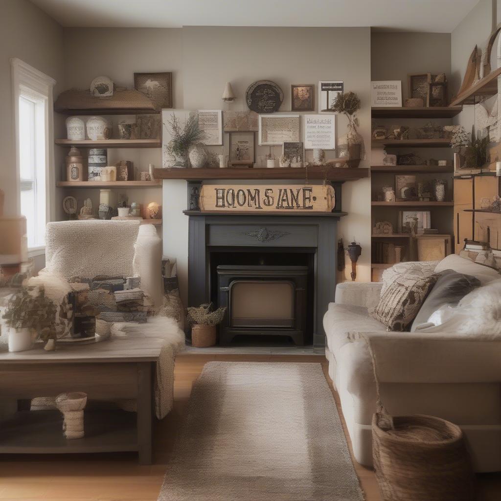 Decorative Home Signs Displayed on Shelves and Mantelpiece