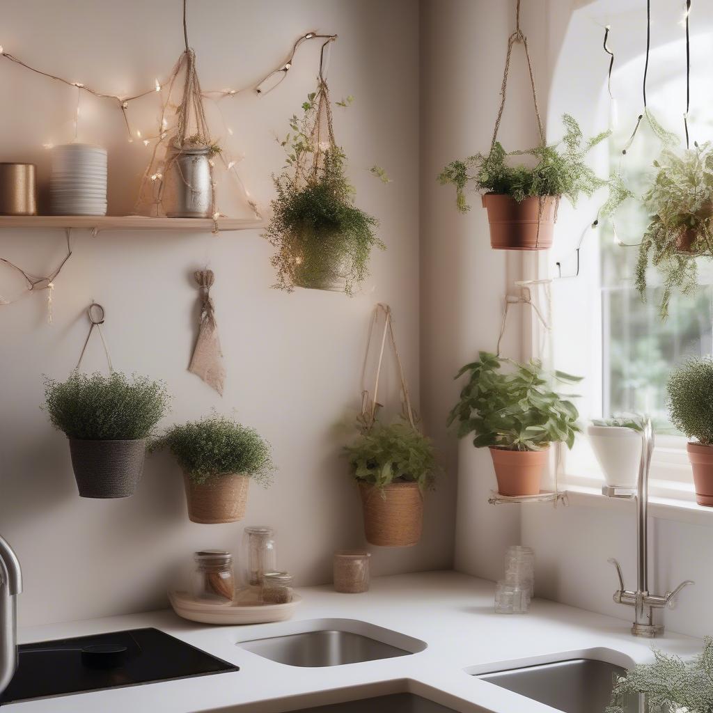 Decorative kitchen hooks with hanging plants and string lights.