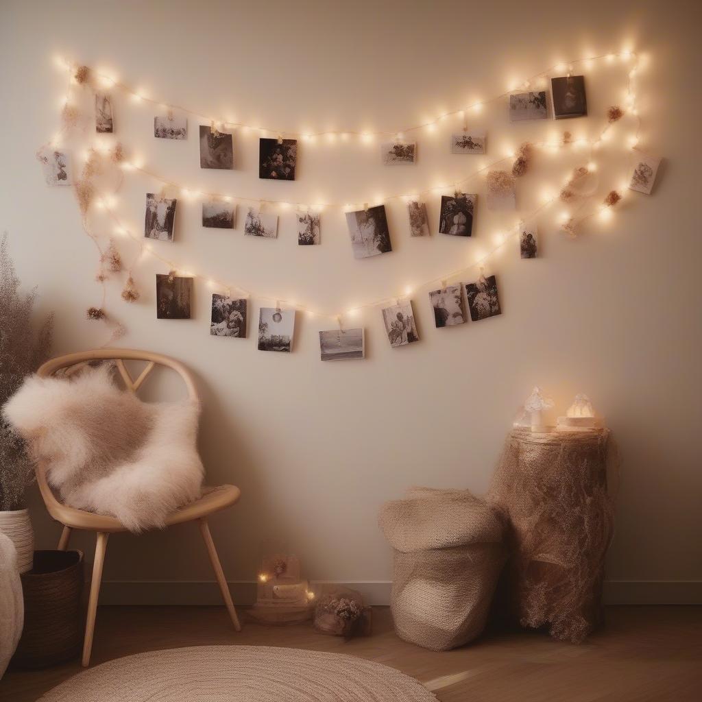 Charming Photo Display with Fairy Lights and Dried Flowers