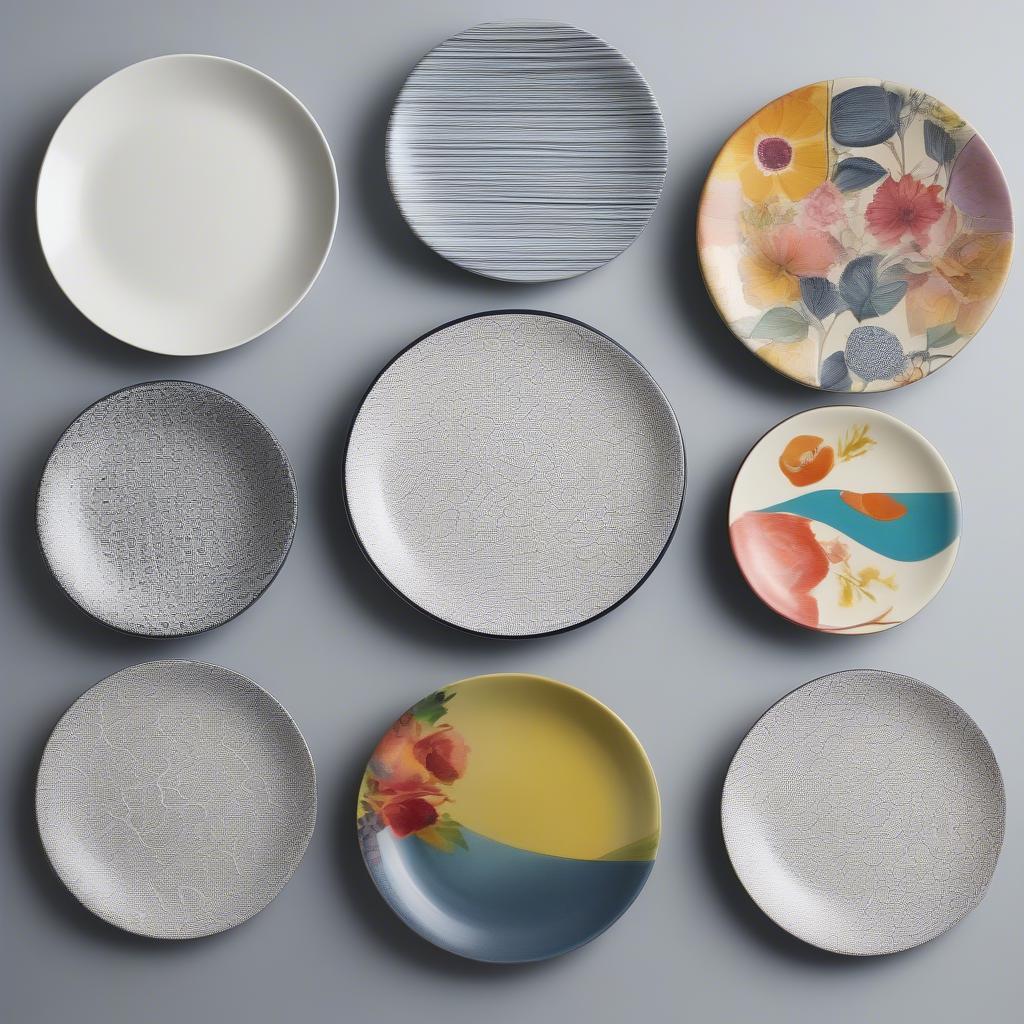 A variety of decorative salad plates showcasing different styles, materials, and patterns.