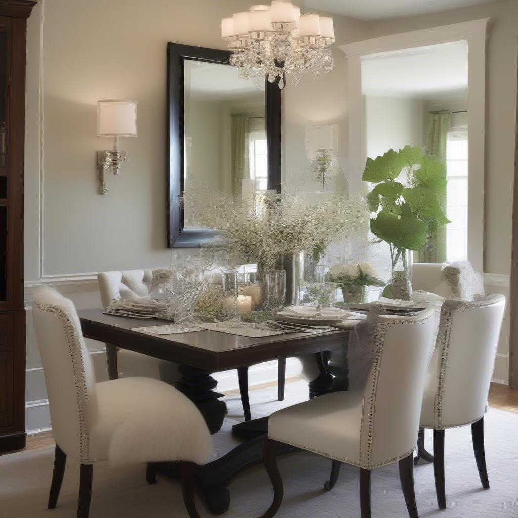 A large tabletop mirror used as a centerpiece for a decorative tabletop arrangement.