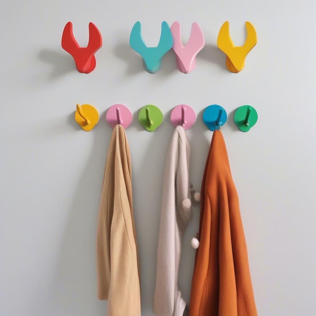 Decorative wooden coat hooks in a child's room