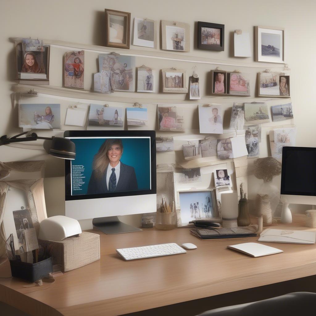 Organized desk with various picture holders displaying photos and inspirational quotes.