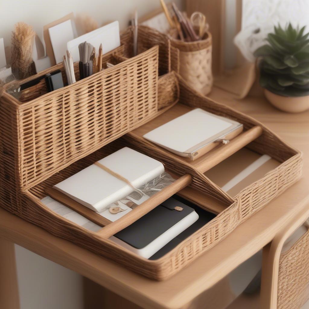 Wicker and Rattan Desk Organizer for a 24x36 Desk