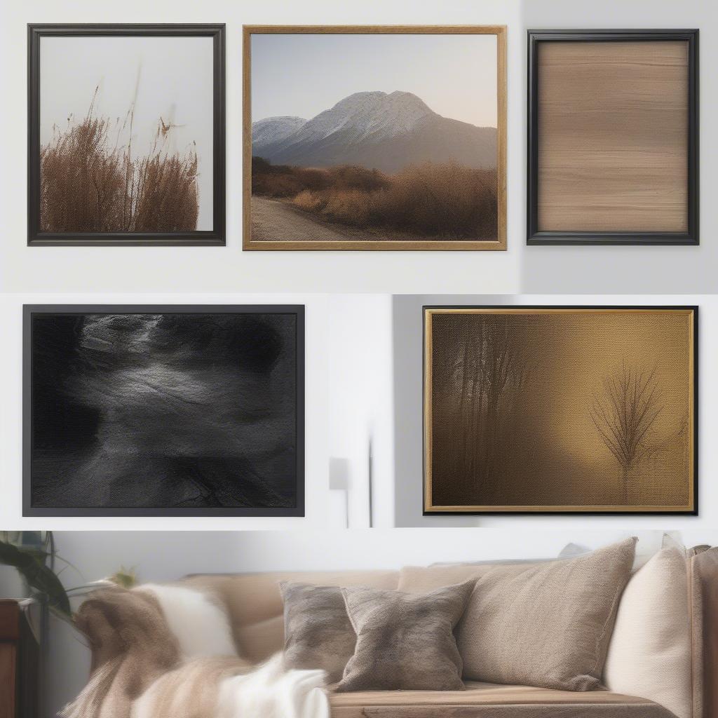 Various frame styles for a 24x36 canvas print, including wood, metal, and composite options in different colors and finishes.