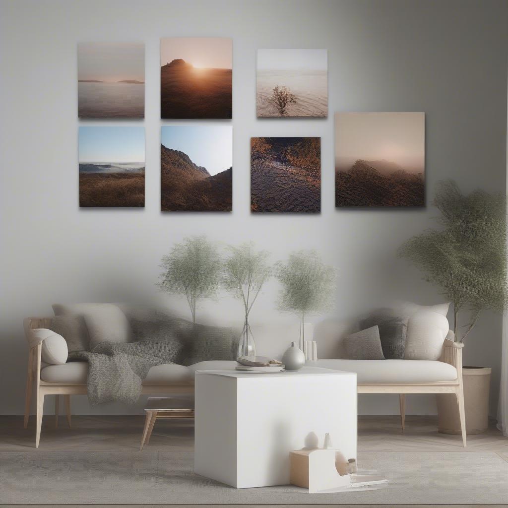 A variety of canvas prints in different sizes and orientations, including square, rectangular, and panoramic, displayed on a table.