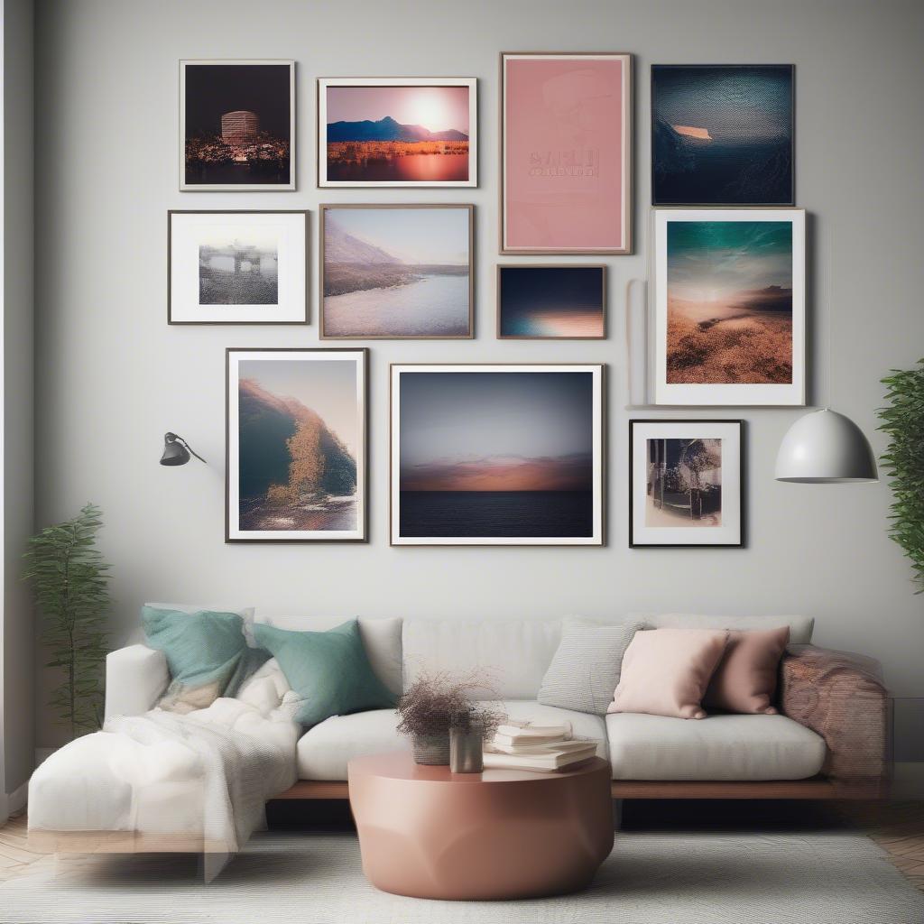 Various sizes of canvas prints displayed in a living room setting