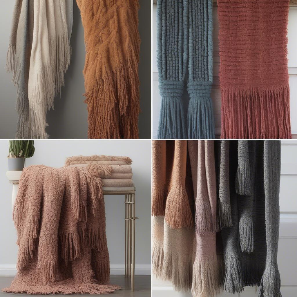 Various styles of fringe on chenille throws, including knotted, twisted, and braided