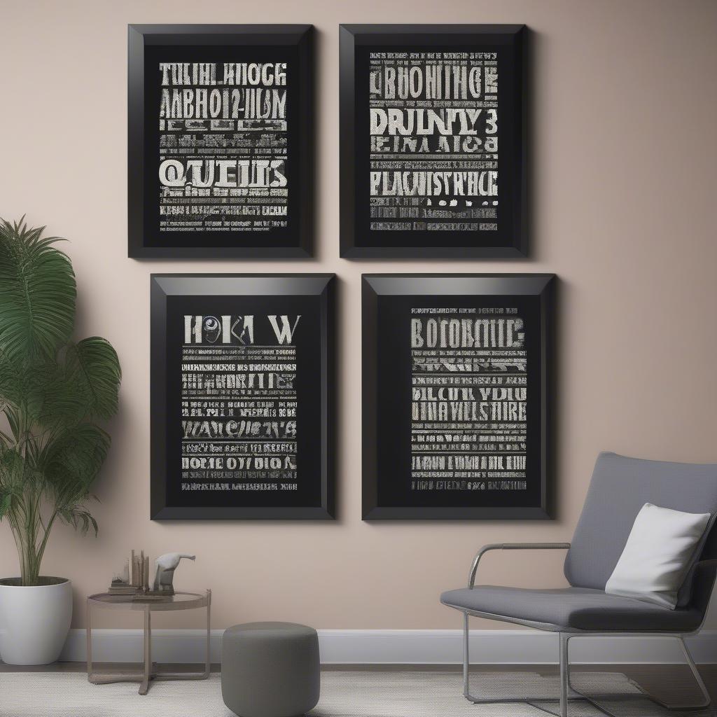 Various font styles displayed on canvas prints, ranging from serif to sans-serif, script to decorative.