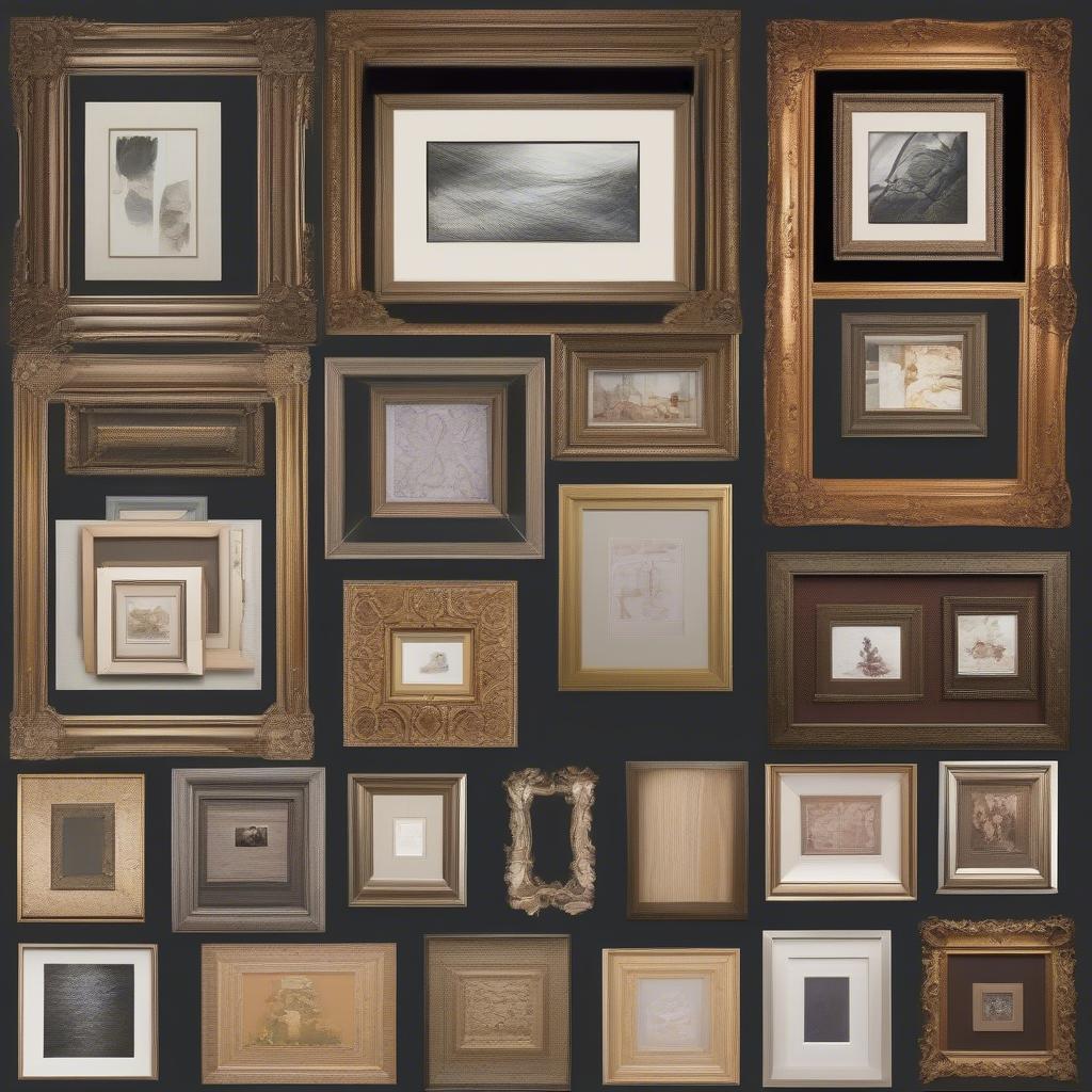 Various frame styles for 16x20 artwork, including wood, metal, and composite materials, showcasing different finishes and profiles.