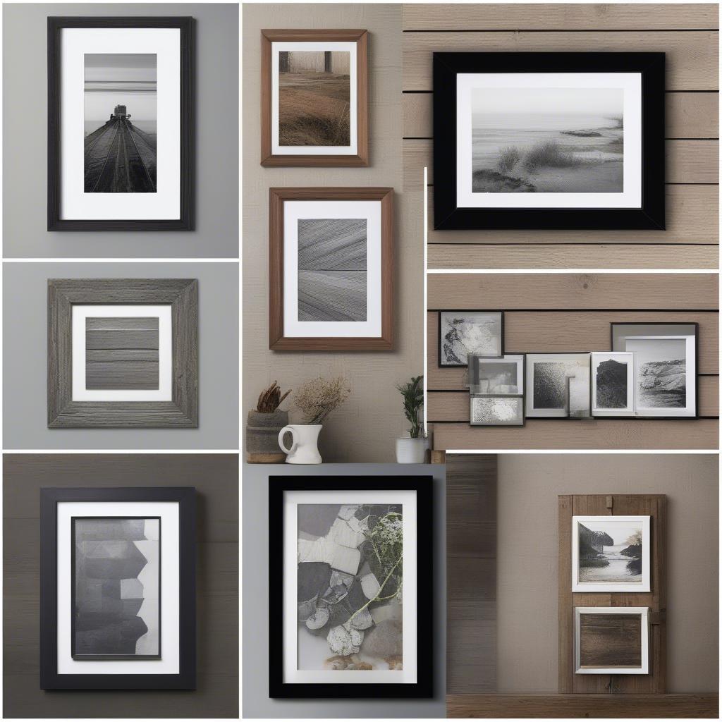 Various frame styles for canvas prints, including wood, metal, and reclaimed wood