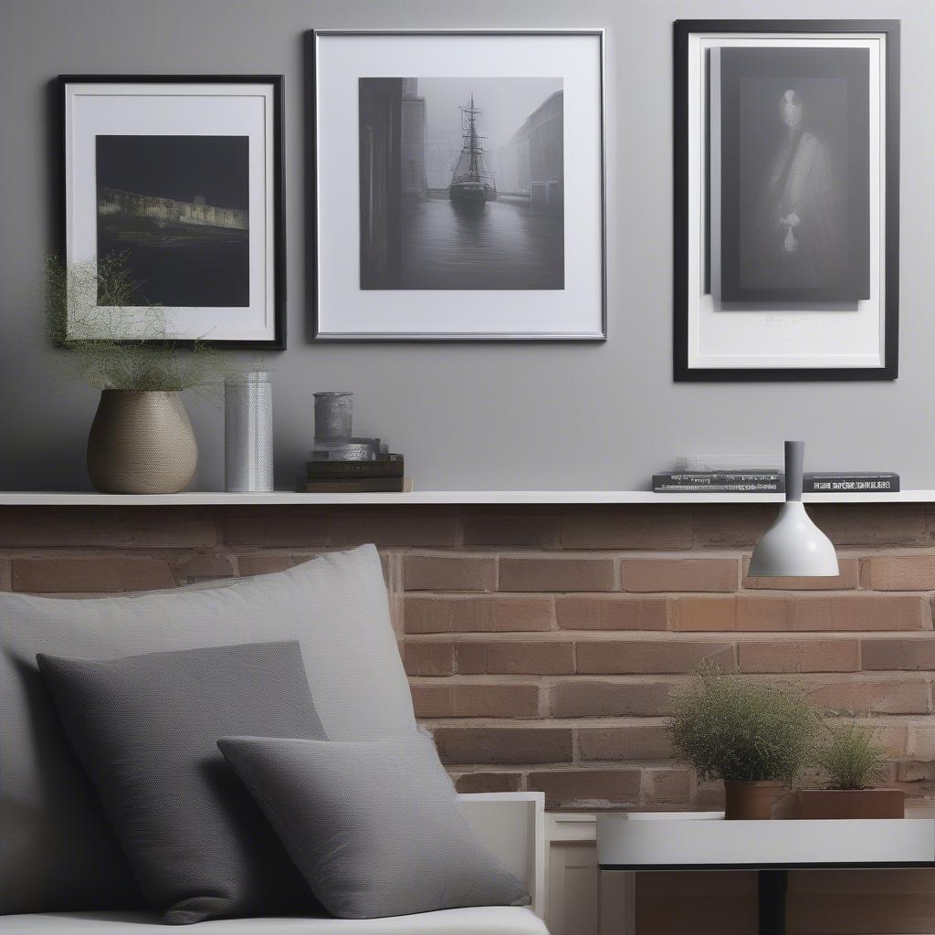 Various frame styles for large canvas prints, including wood, metal, and acrylic, displayed on different wall colors and textures.