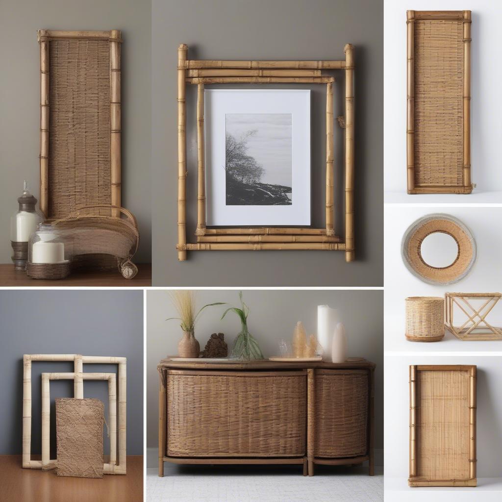 Various frame styles for wicker art, including wood, metal, and bamboo.