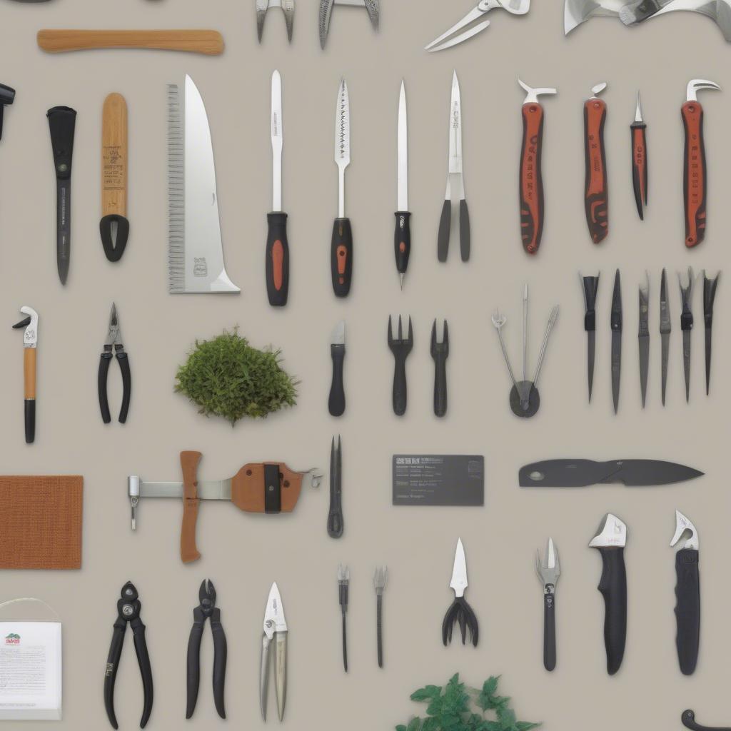 A variety of gardening multi-tools displayed.