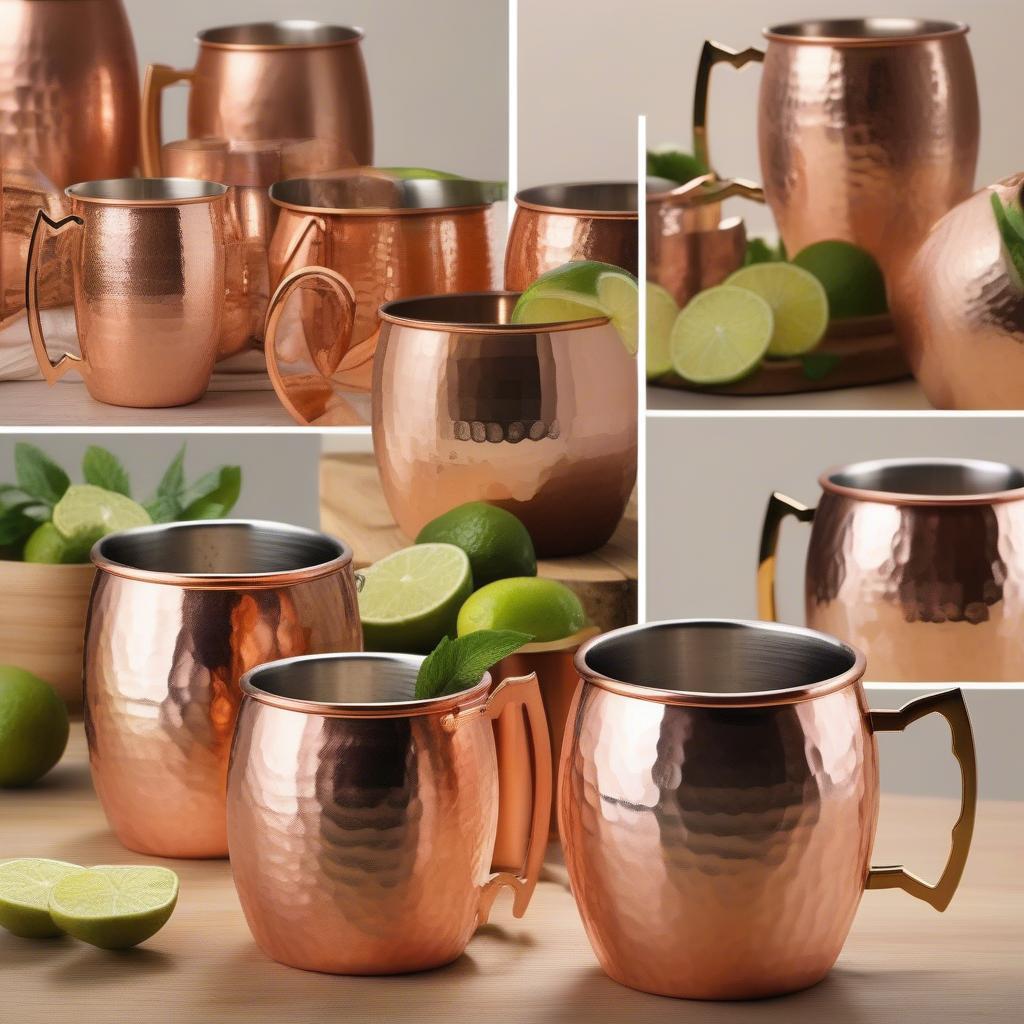 Various hammered copper Moscow mule mugs showcasing different sizes, handle designs, and finishes.