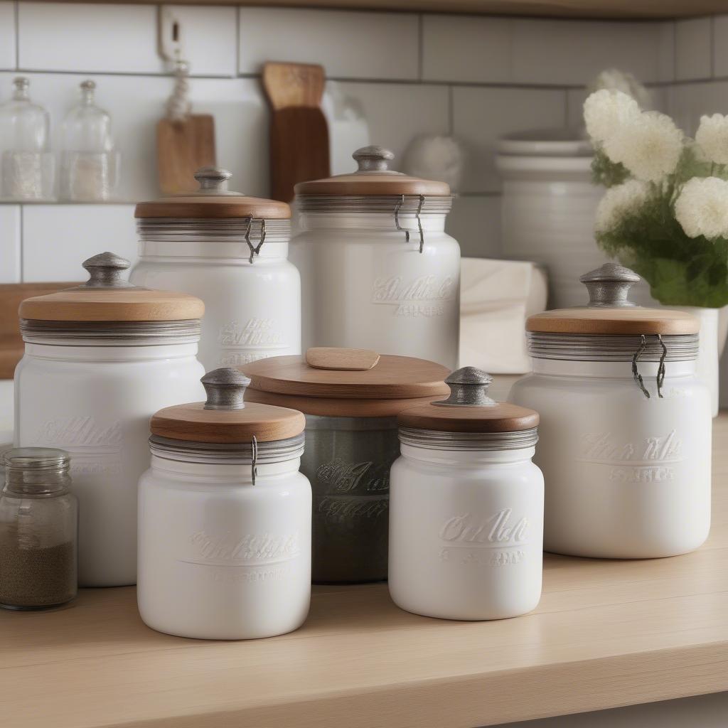 Various farmhouse kitchen canisters made of ceramic, glass, and metal displayed on a kitchen counter.