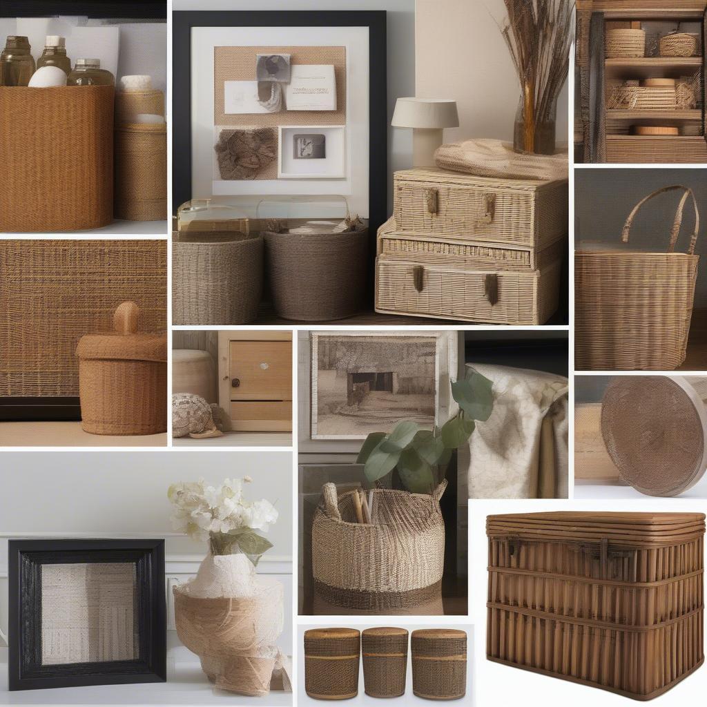 Different materials for picture storage boxes, including wicker, rattan, wood, and metal, showcasing their unique textures and styles.