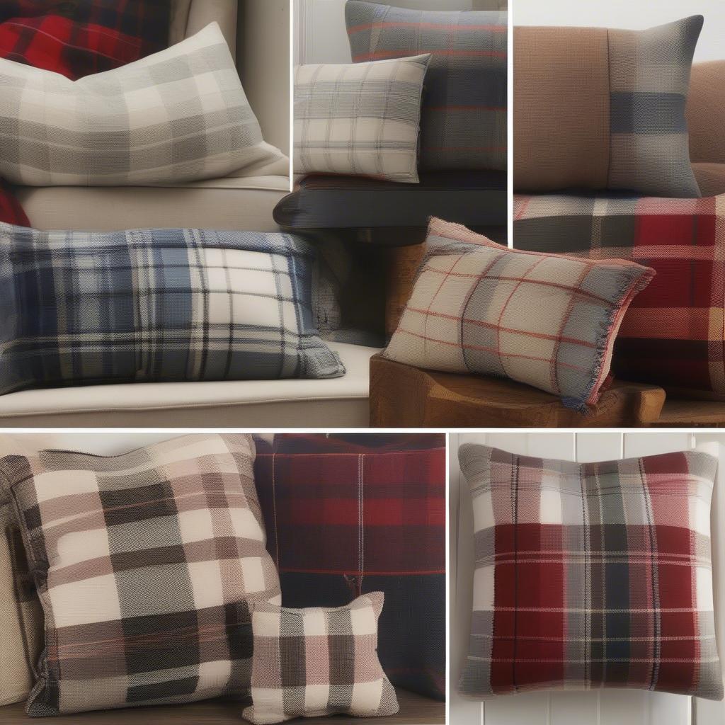 Variety of plaid lumbar pillow styles showcasing different fabrics, colors, and sizes.