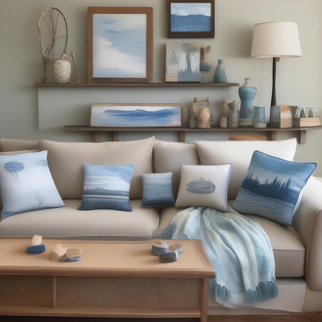 Various shapes and sizes of lake pillows showcased on a sofa