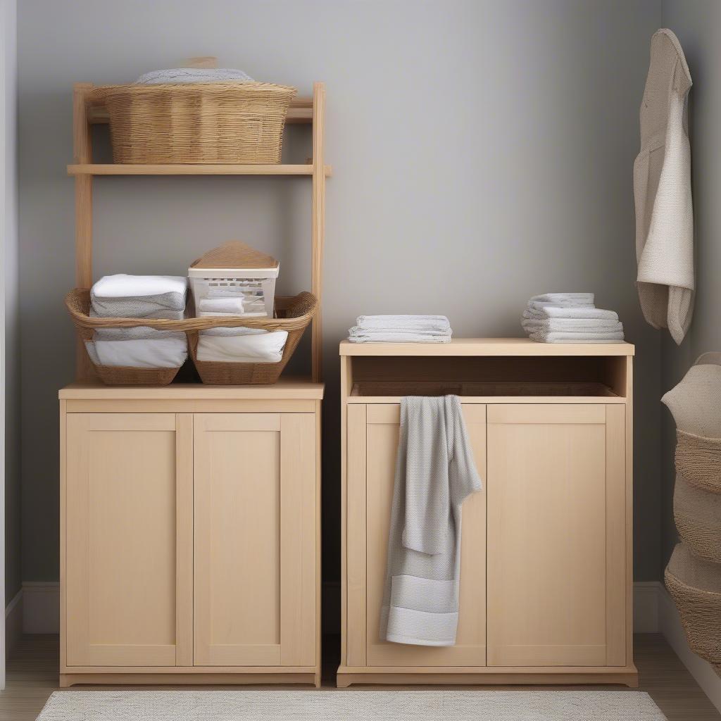 Various sizes of wooden laundry hampers