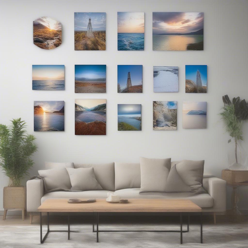 A display of various canvas print sizes, from small squares to large panoramic prints