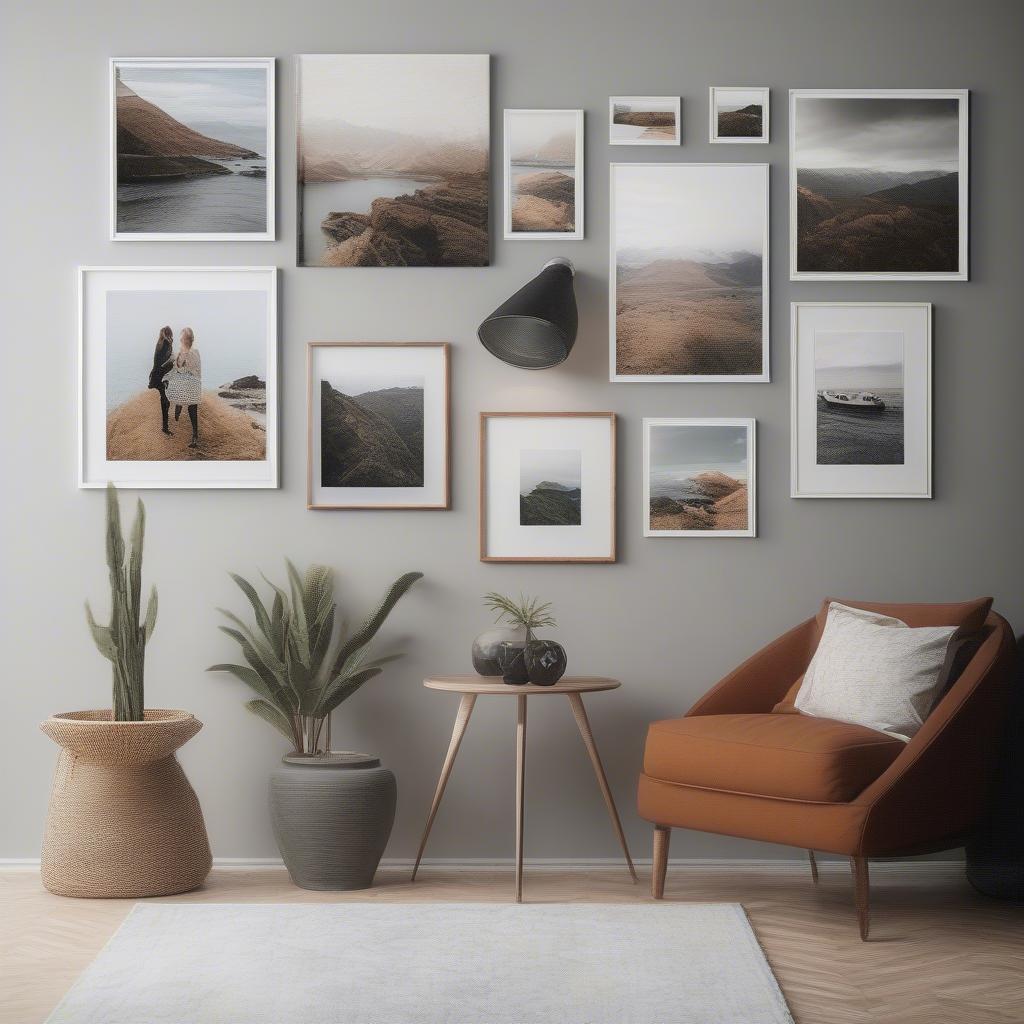 Various sizes of custom canvas prints displayed on a wall