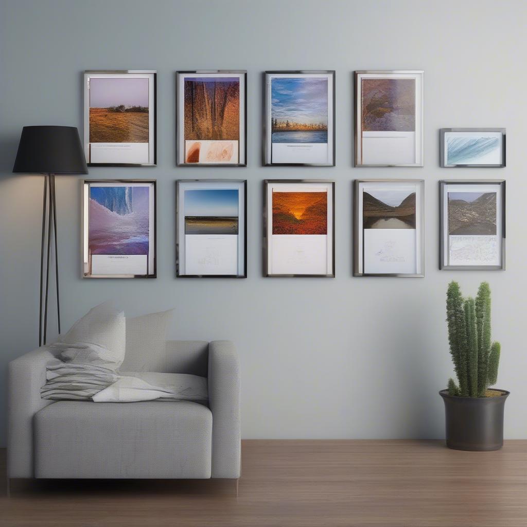 A variety of frameless poster frames in different sizes, showcasing different artwork from minimalist line drawings to colorful photographs.