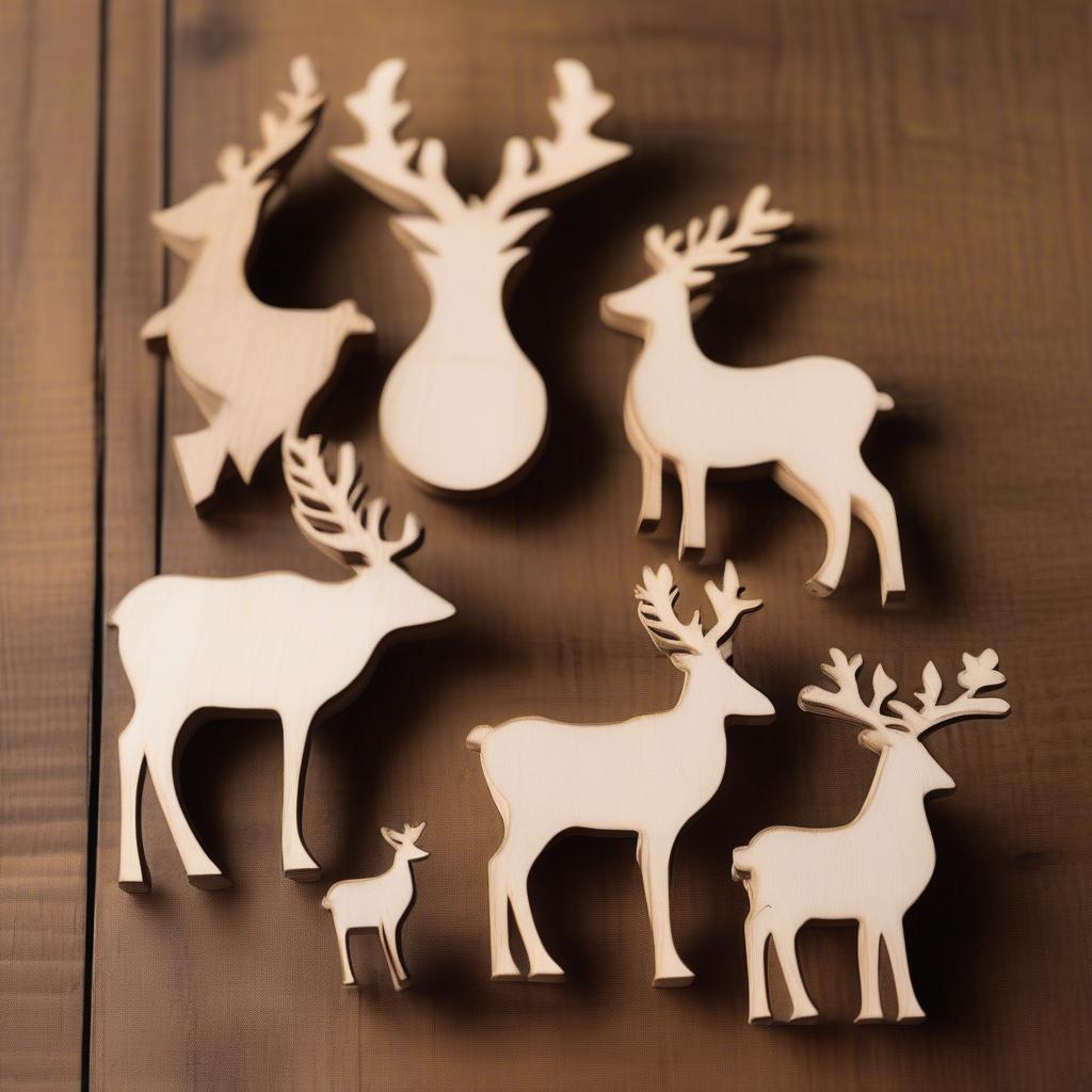 Various sizes of reindeer wood cutouts laid out on a table.