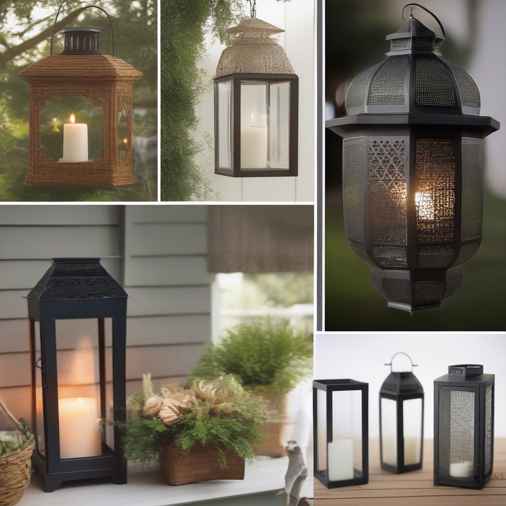 Various styles of hanging candle holders displayed in different outdoor settings.